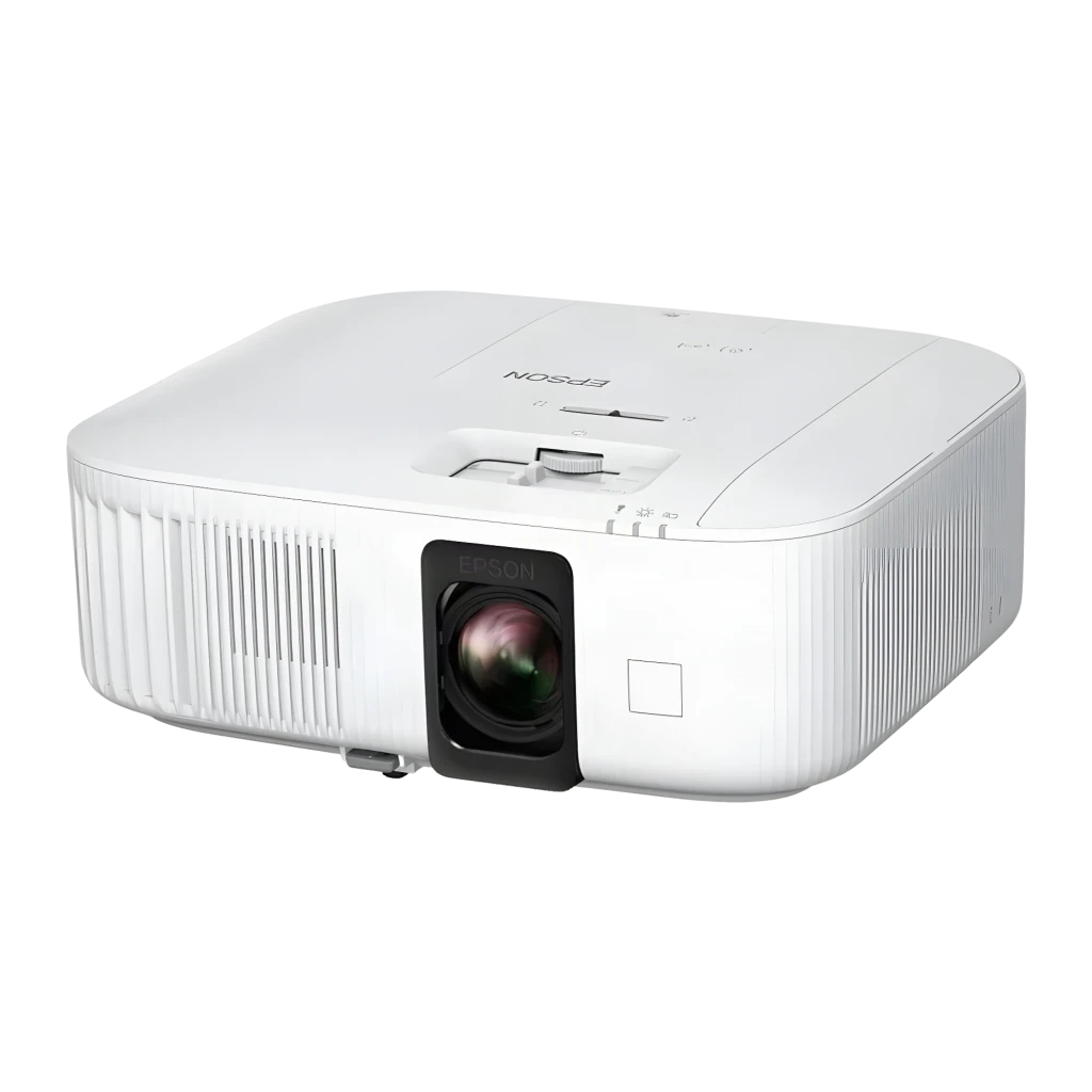 Epson EH-TW6250 2800lm 3LCD 4K+ blanc, vue avant: objectif avec monture noire et grille de ventilation latérale - Ítem4
