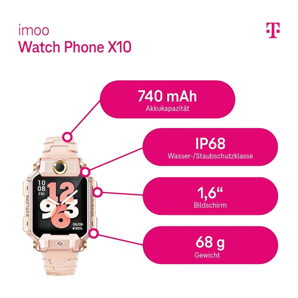 imoo Watch Phone X10 32GB rosa, vista frontal: pantalla con esfera analógica, cámara frontal dorada y tarjeta SIM Telekom - Ítem1