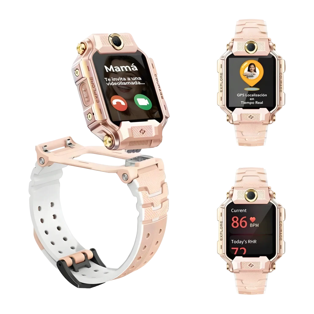 imoo Watch Phone X10 32GB rosa, vista frontal: pantalla con esfera analógica, cámara frontal dorada y tarjeta SIM Telekom - Ítem5
