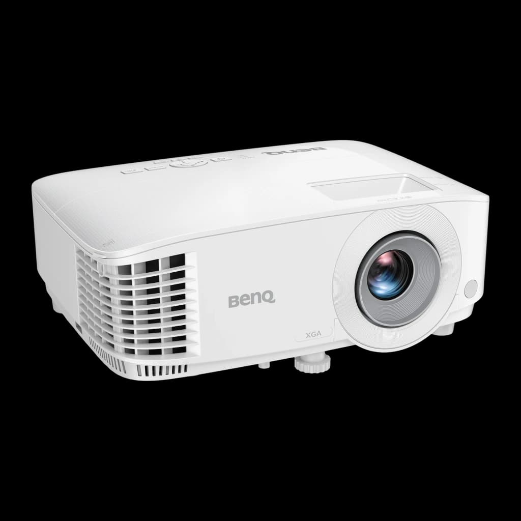 BenQ MX560 DLP XGA branco, vista frontal em ângulo: lente, grelha de ventilação lateral e painel de controlo superior