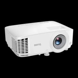 BenQ MX560 DLP XGA branco, vista frontal em ângulo: lente, grelha de ventilação lateral e painel de controlo superior