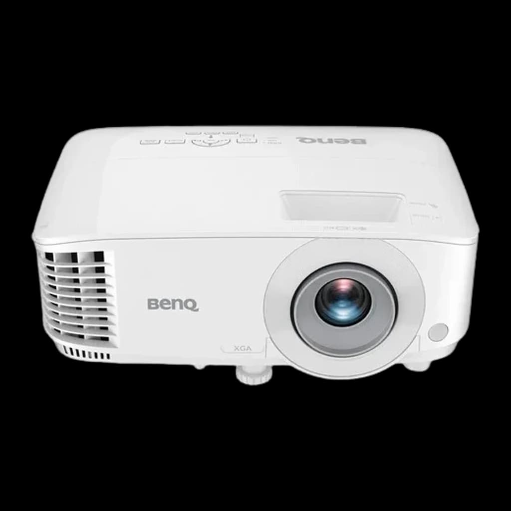 BenQ MX560 DLP XGA branco, vista superior em ângulo: painel de botões na tampa e lente vista de cima