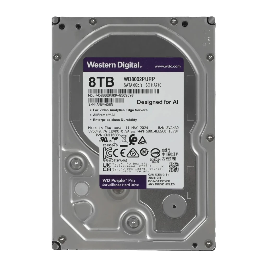 WD Purple Pro 8TB púrpura, vista frontal en ángulo: etiqueta morada con logo, icono cámara vigilancia y capacidad 8TB - Ítem1