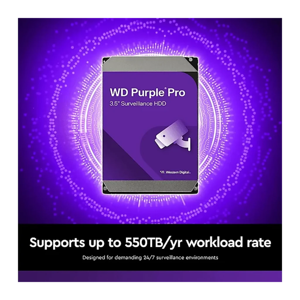 WD Purple Pro 8TB púrpura, vista frontal en ángulo: etiqueta morada con logo, icono cámara vigilancia y capacidad 8TB - Ítem2