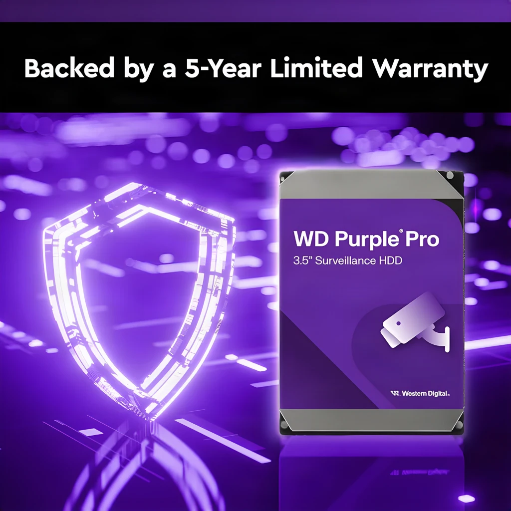 WD Purple Pro 8TB púrpura, vista frontal en ángulo: etiqueta morada con logo, icono cámara vigilancia y capacidad 8TB - Ítem3