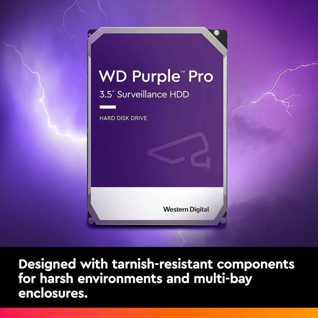 WD Purple Pro 8TB púrpura, vista frontal en ángulo: etiqueta morada con logo, icono cámara vigilancia y capacidad 8TB - Ítem4