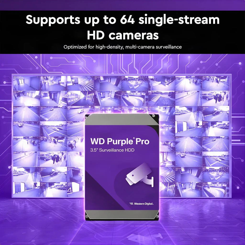 WD Purple Pro 8TB púrpura, vista frontal en ángulo: etiqueta morada con logo, icono cámara vigilancia y capacidad 8TB - Ítem5