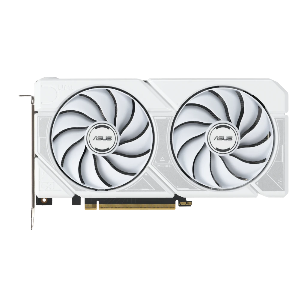 ASUS Dual GeForce RTX 5060 Ti OC 16GB GDDR7 Blanca, producto y caja: tarjeta con 3 ventiladores blancos junto a su packaging - Ítem5