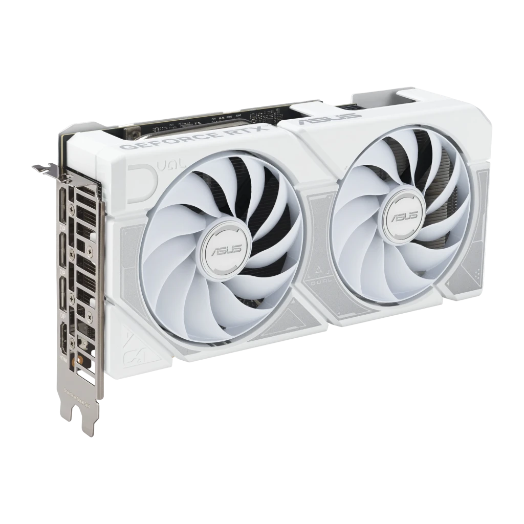 ASUS Dual GeForce RTX 5060 Ti OC 16GB GDDR7 Blanca, producto y caja: tarjeta con 3 ventiladores blancos junto a su packaging - Ítem1