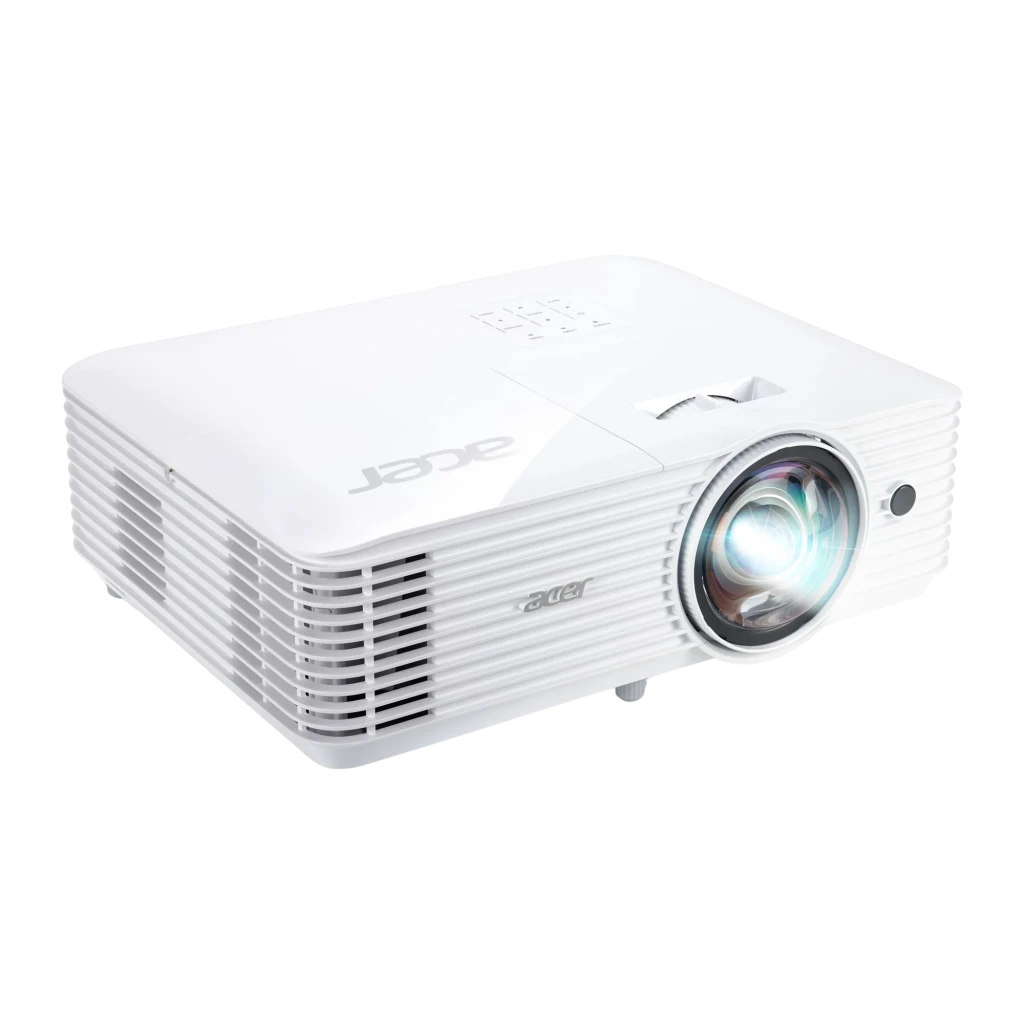 Acer Projetor S1286H DLP XGA Branco, vista frontal superior: objetiva grande angular iluminada, grelhas laterais e logo Acer - Item2