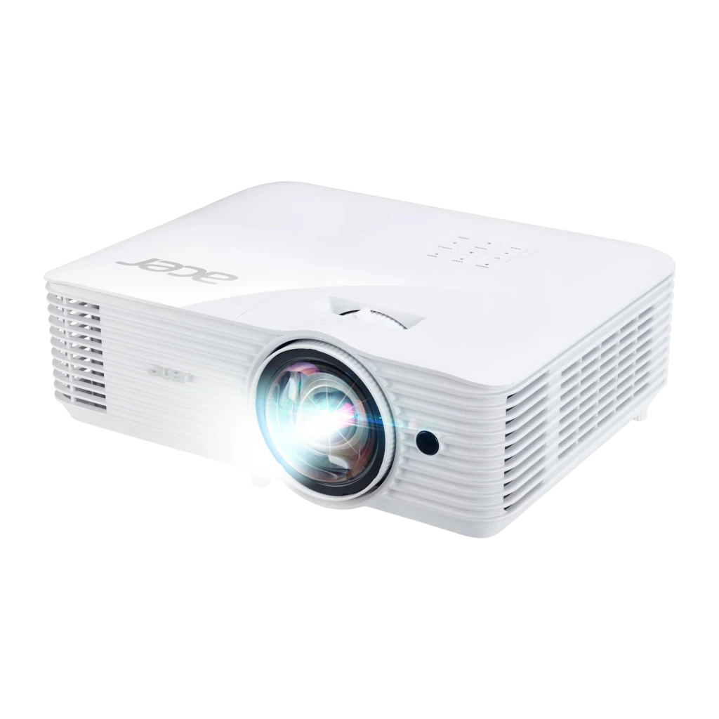 Acer Projetor S1286H DLP XGA Branco, vista frontal superior: objetiva grande angular iluminada, grelhas laterais e logo Acer - Item3