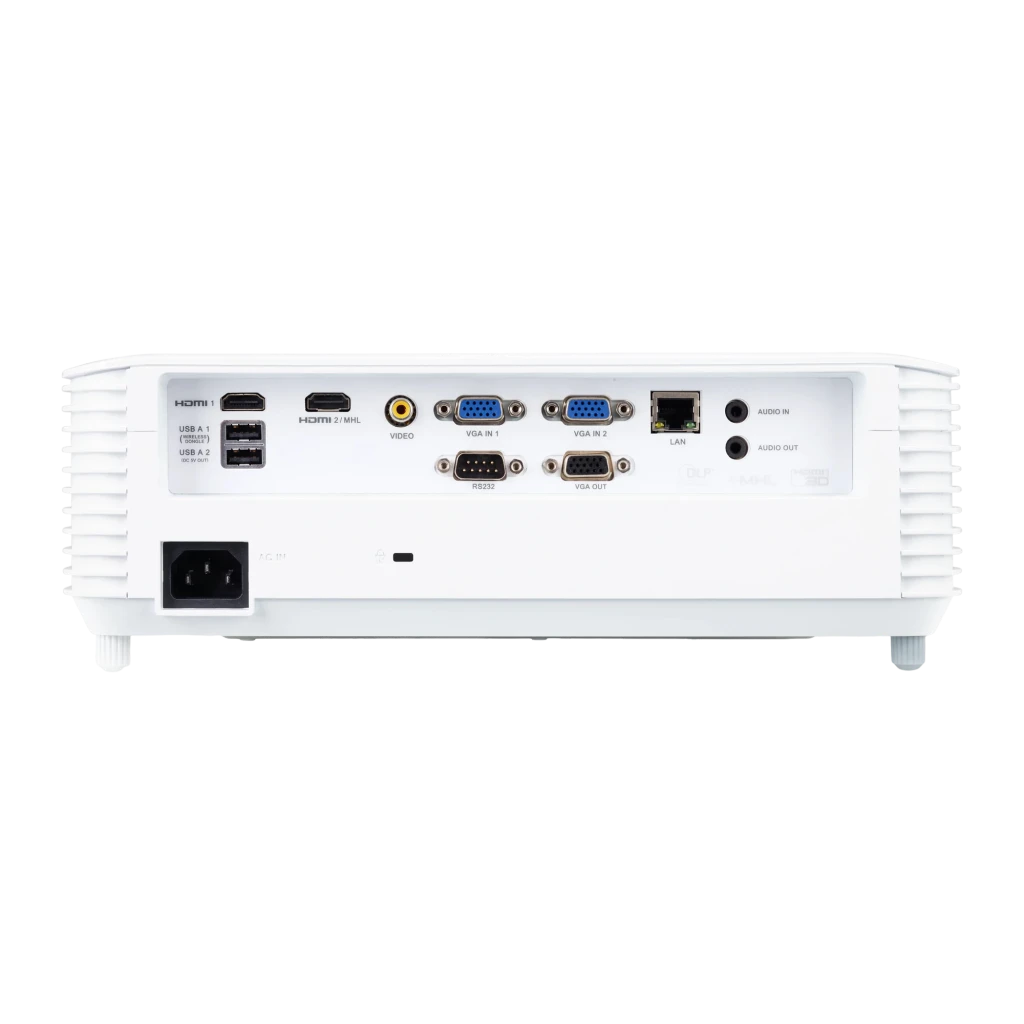 Acer Projetor S1286H DLP XGA Branco, vista frontal superior: objetiva grande angular iluminada, grelhas laterais e logo Acer - Item4