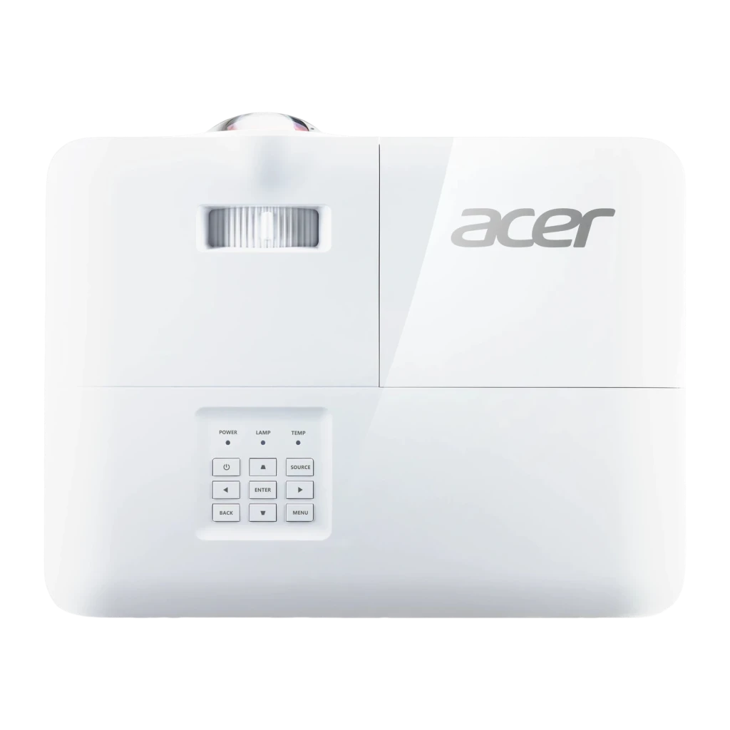 Acer Projetor S1286H DLP XGA Branco, vista frontal superior: objetiva grande angular iluminada, grelhas laterais e logo Acer - Item5