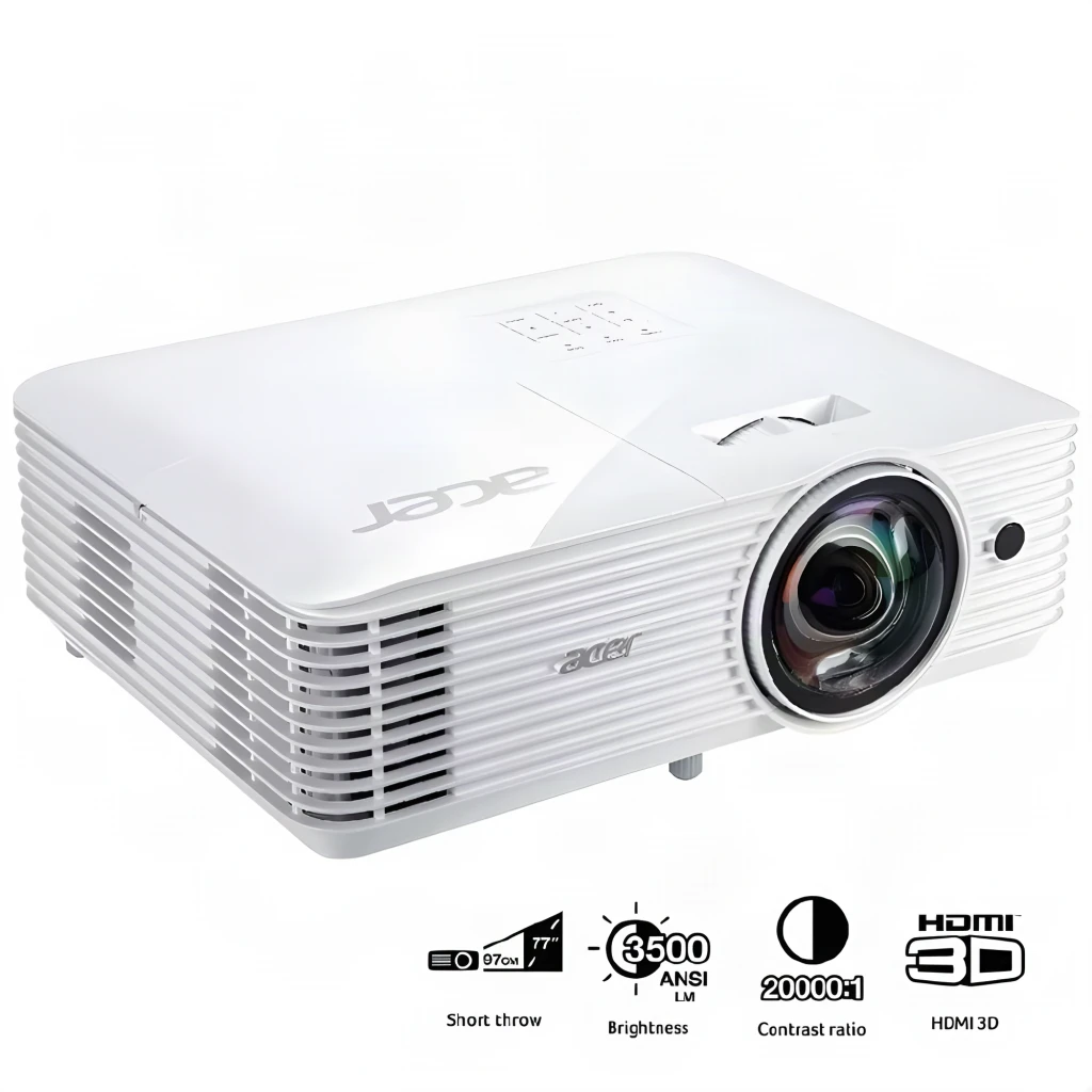 Acer Projetor S1286H DLP XGA Branco, vista frontal superior: objetiva grande angular iluminada, grelhas laterais e logo Acer - Item6