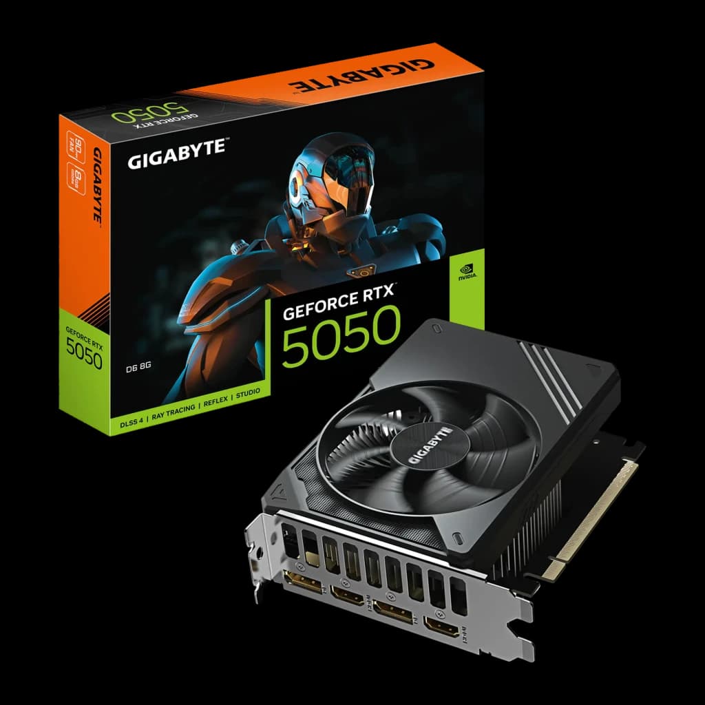 Gigabyte GeForce RTX 5050 GV-N5050D6-8GD 8GB negro, producto y caja: tarjeta con ventilador único y bracket junto a caja