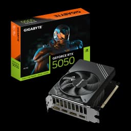 Gigabyte GeForce RTX 5050 GV-N5050D6-8GD 8GB negro, producto y caja: tarjeta con ventilador único y bracket junto a caja