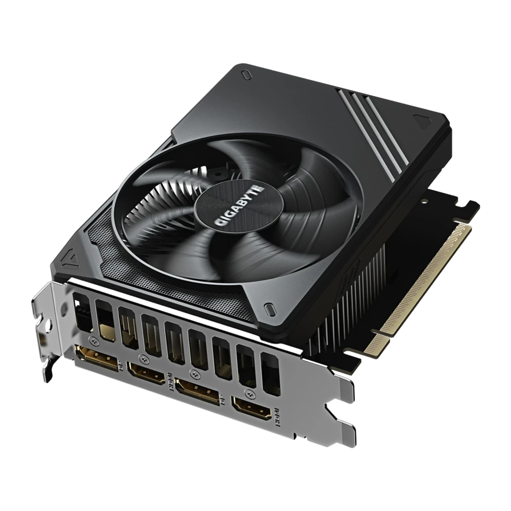 Gigabyte GeForce RTX 5050 GV-N5050D6-8GD 8GB preto, produto e caixa: placa com ventoinha única e bracket ao lado da caixa - Item2