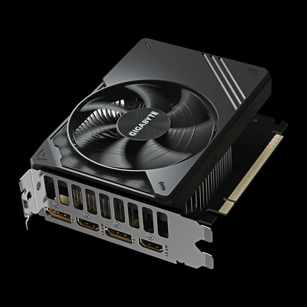 Gigabyte GeForce RTX 5050 GV-N5050D6-8GD 8GB negro, vista superior en ángulo: cubierta con ventilador y puertos DisplayPort