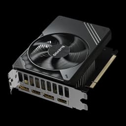 Gigabyte GeForce RTX 5050 GV-N5050D6-8GD 8GB negro, vista superior en ángulo: cubierta con ventilador y puertos DisplayPort