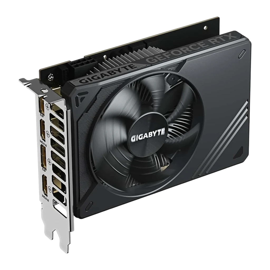 Gigabyte GeForce RTX 5050 GV-N5050D6-8GD 8GB preto, produto e caixa: placa com ventoinha única e bracket ao lado da caixa - Item3
