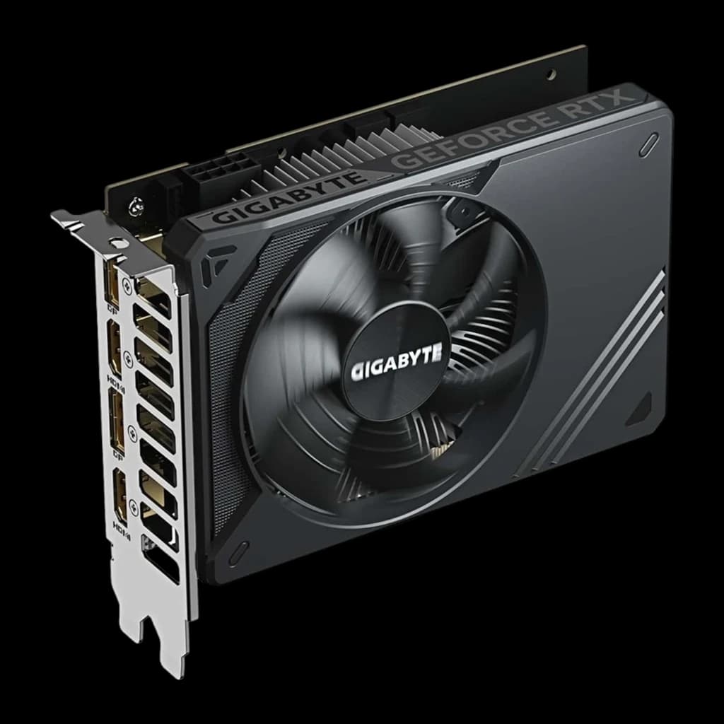 Gigabyte GeForce RTX 5050 GV-N5050D6-8GD 8GB negro, vista lateral: lomo con texto GeForce RTX, disipador con aletas