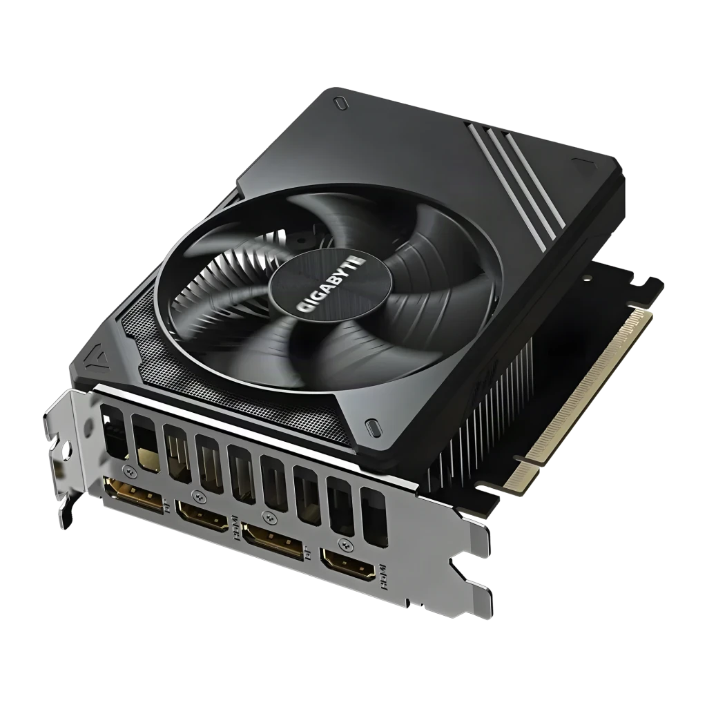 Gigabyte GeForce RTX 5050 GV-N5050D6-8GD 8GB preto, produto e caixa: placa com ventoinha única e bracket ao lado da caixa - Item4