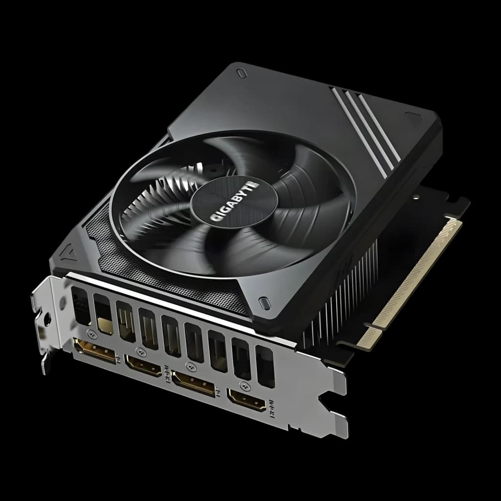 Gigabyte GeForce RTX 5050 GV-N5050D6-8GD 8GB negro, vista angular: ventilador único GIGABYTE, bracket con puertos