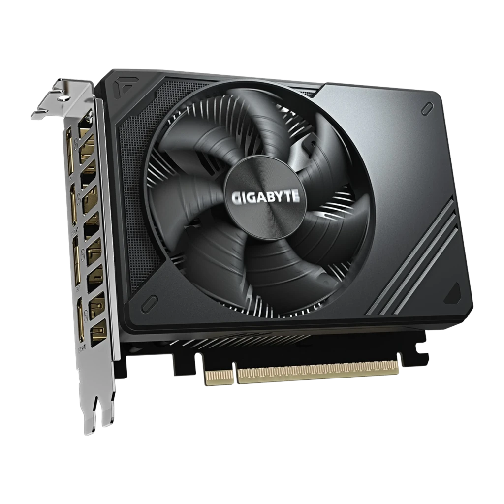 Gigabyte GeForce RTX 5050 GV-N5050D6-8GD 8GB preto, produto e caixa: placa com ventoinha única e bracket ao lado da caixa - Item1