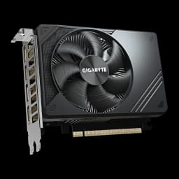 Gigabyte GeForce RTX 5050 GV-N5050D6-8GD 8GB negro, vista frontal en ángulo: ventilador central, bracket con puertos