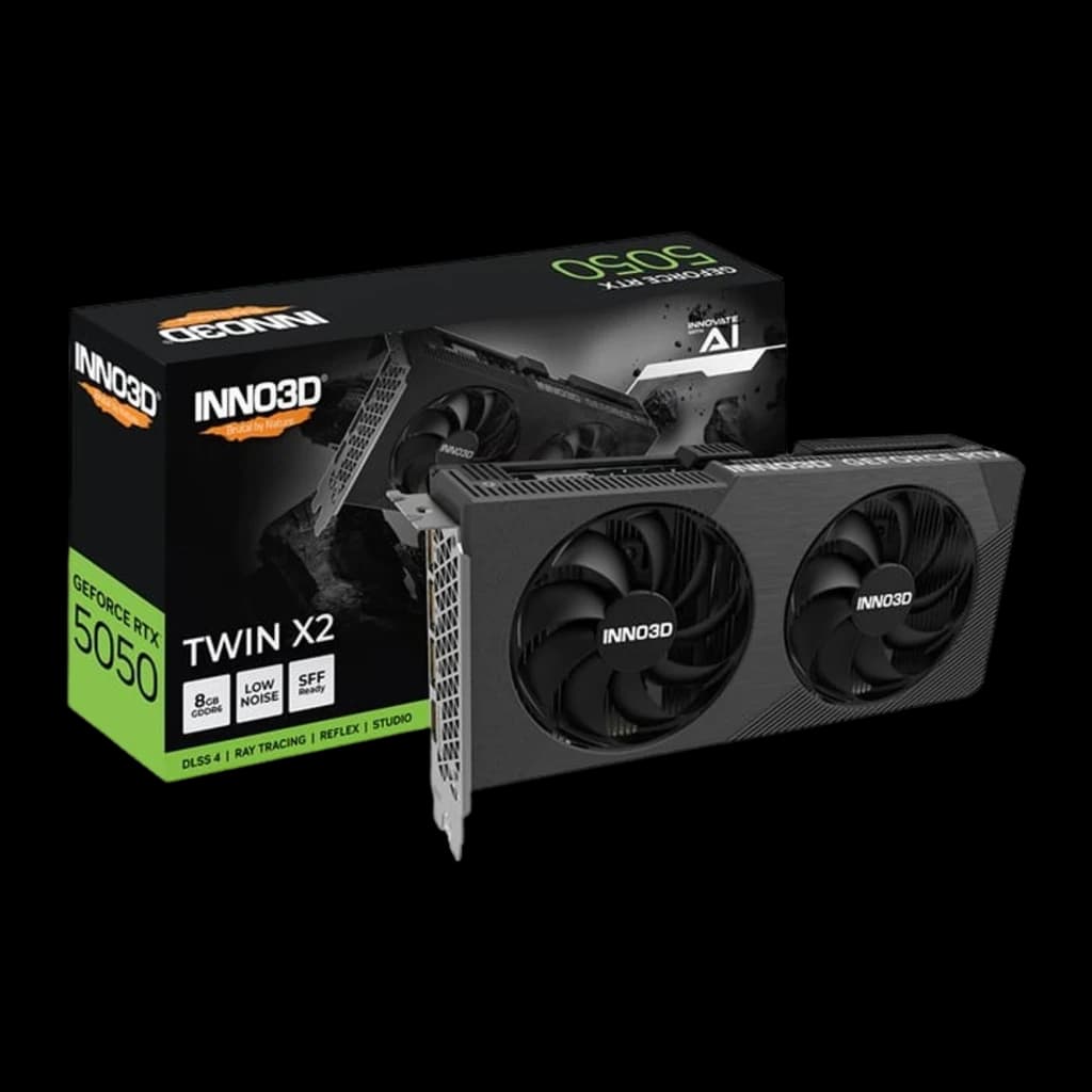 Inno3D GeForce RTX 5050 Twin X2 8GB negra, kit tarjeta y caja: caja con texto DLSS 4 y tarjeta con dos ventiladores