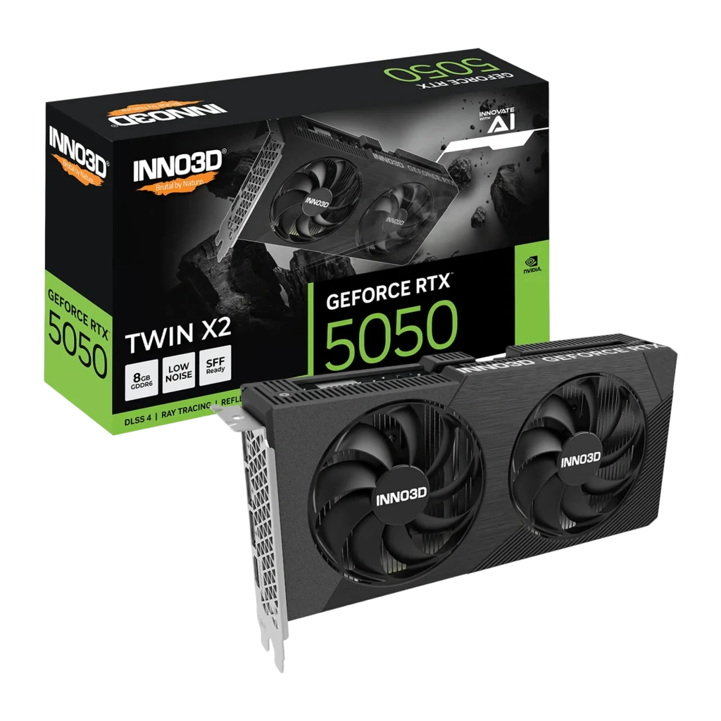 Inno3D GeForce RTX 5050 Twin X2 8GB negra, kit tarjeta y caja: caja con texto DLSS 4 y tarjeta con dos ventiladores - Ítem3