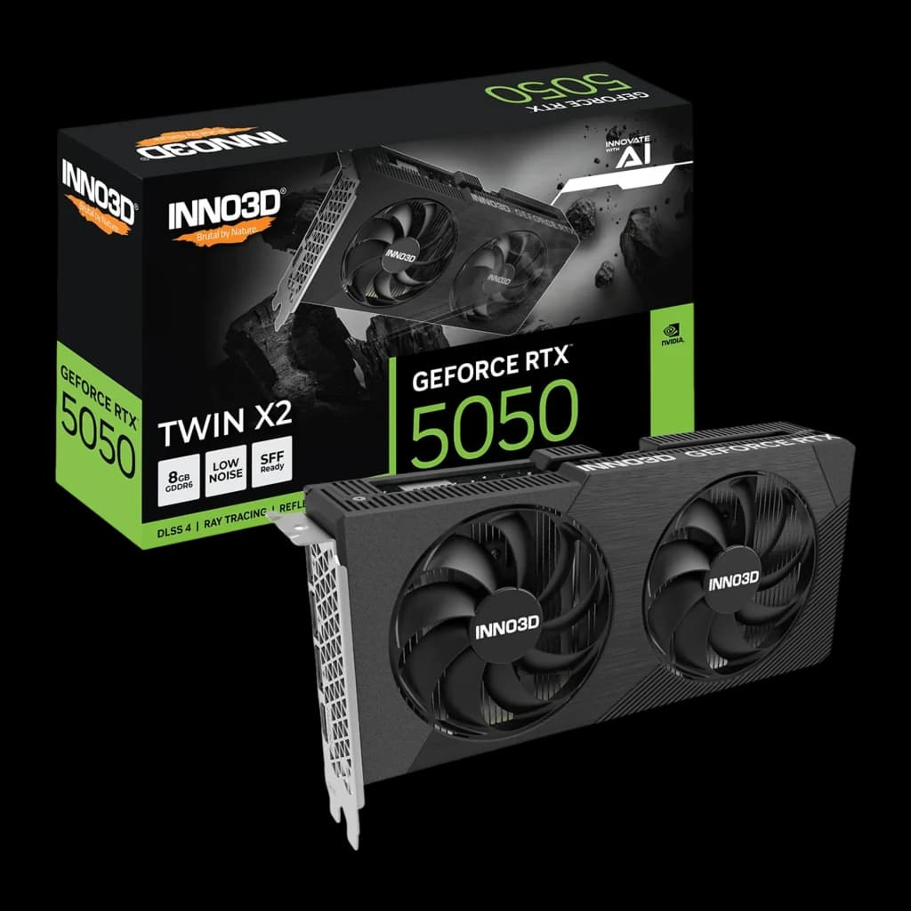 Inno3D GeForce RTX 5050 Twin X2 8GB negra, kit tarjeta y caja: caja con panel frontal verde GeForce RTX 5050 y tarjeta