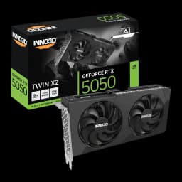 Inno3D GeForce RTX 5050 Twin X2 8GB negra, kit tarjeta y caja: caja con panel frontal verde GeForce RTX 5050 y tarjeta