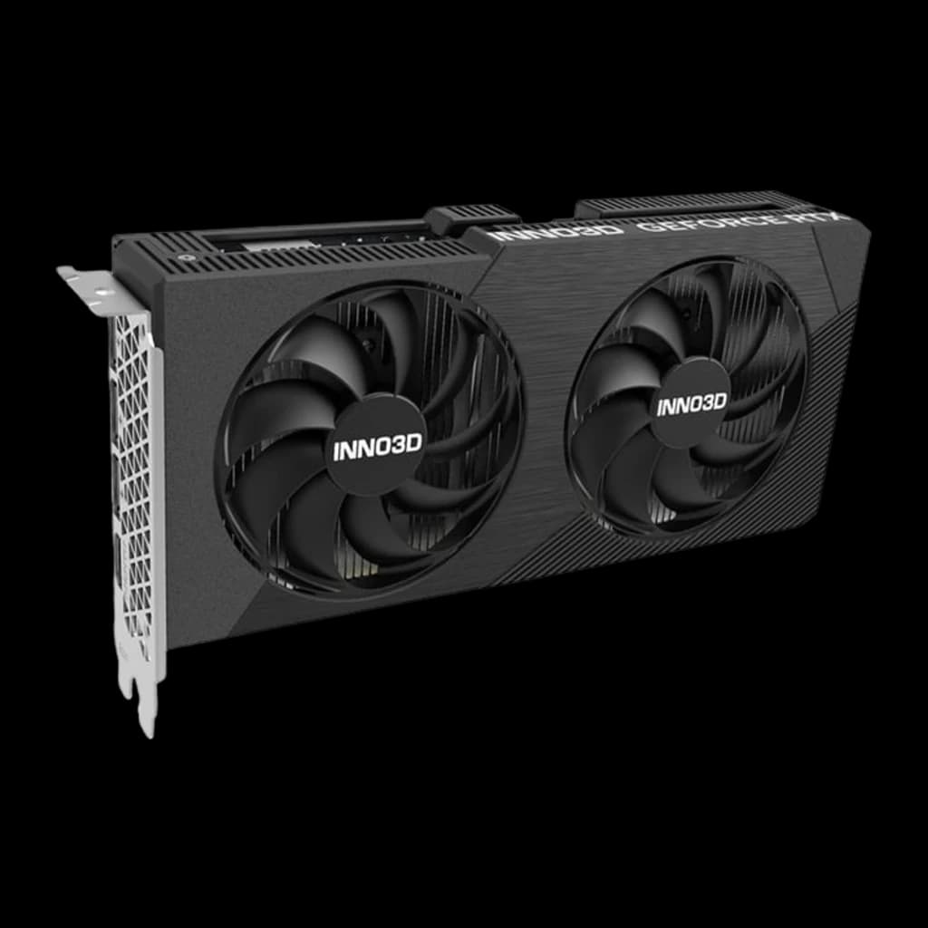 Inno3D GeForce RTX 5050 Twin X2 8GB negra, vista en perspectiva: bracket lateral perforado y parte superior con texto