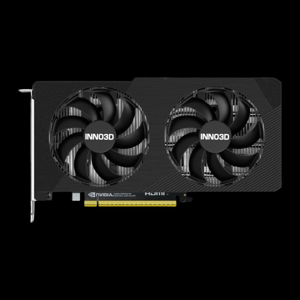 Inno3D GeForce RTX 5050 Twin X2 8GB negra, vista frontal: dos ventiladores con logo INNO3D y conector PCIe dorado