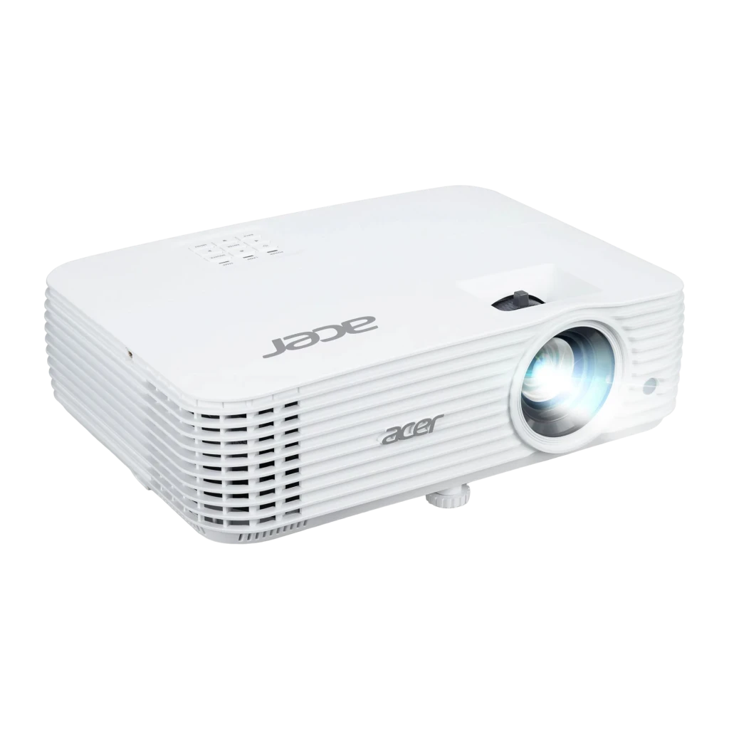 Acer Projetor H6828BD DLP branco, vista frontal lateral: lente iluminada, grades de ventilação e logo Acer visíveis - Item1