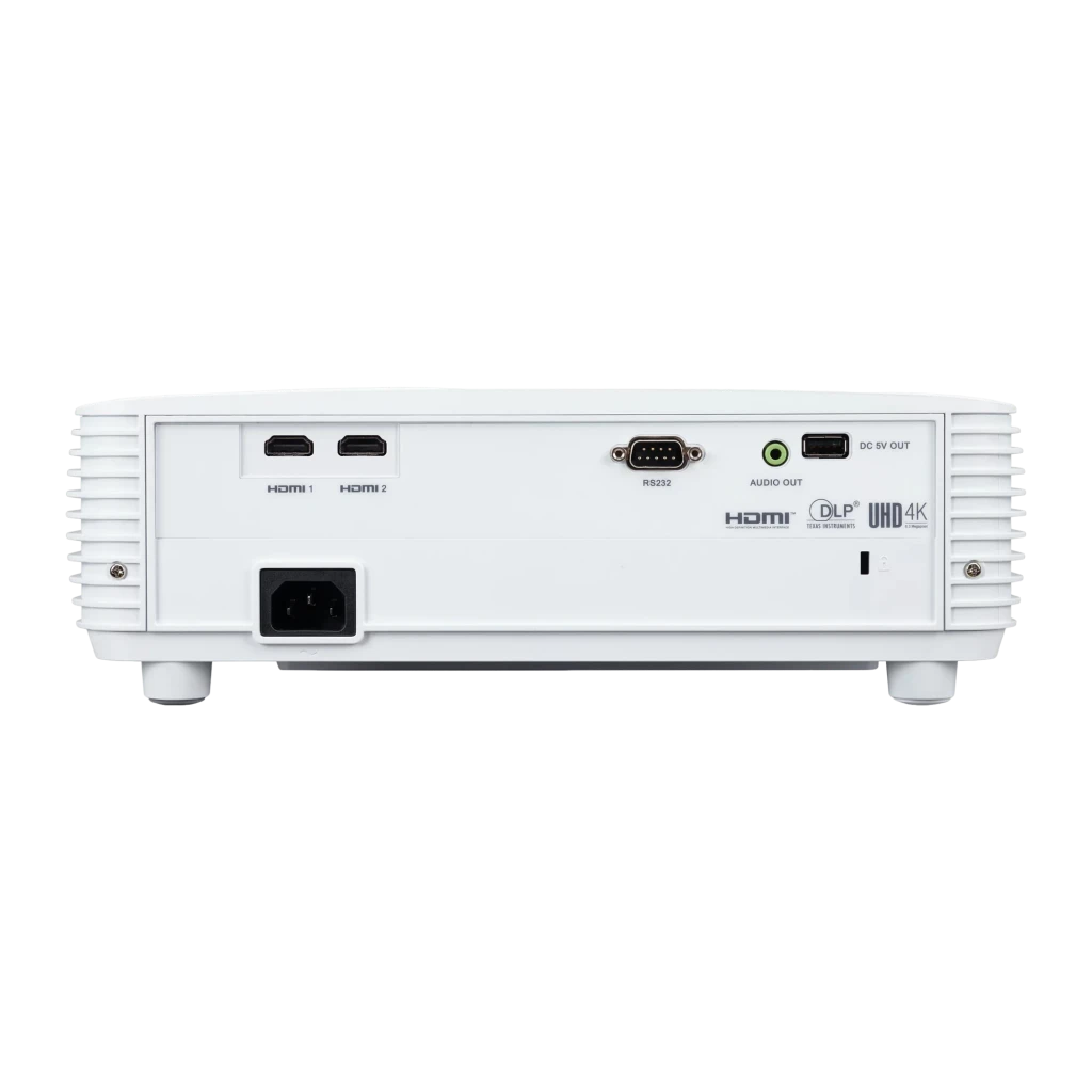 Acer Projetor H6828BD DLP branco, vista frontal lateral: lente iluminada, grades de ventilação e logo Acer visíveis - Item2