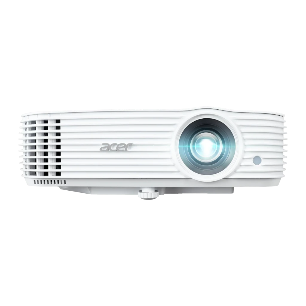 Acer Projetor H6828BD DLP branco, vista frontal lateral: lente iluminada, grades de ventilação e logo Acer visíveis - Item3
