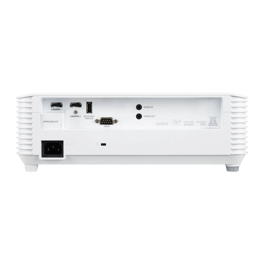Acer Projecteur H6546Ki 5200lm Blanc, vue avant en angle: objectif à bague argentée, grilles latérales et panneau de boutons - Ítem5