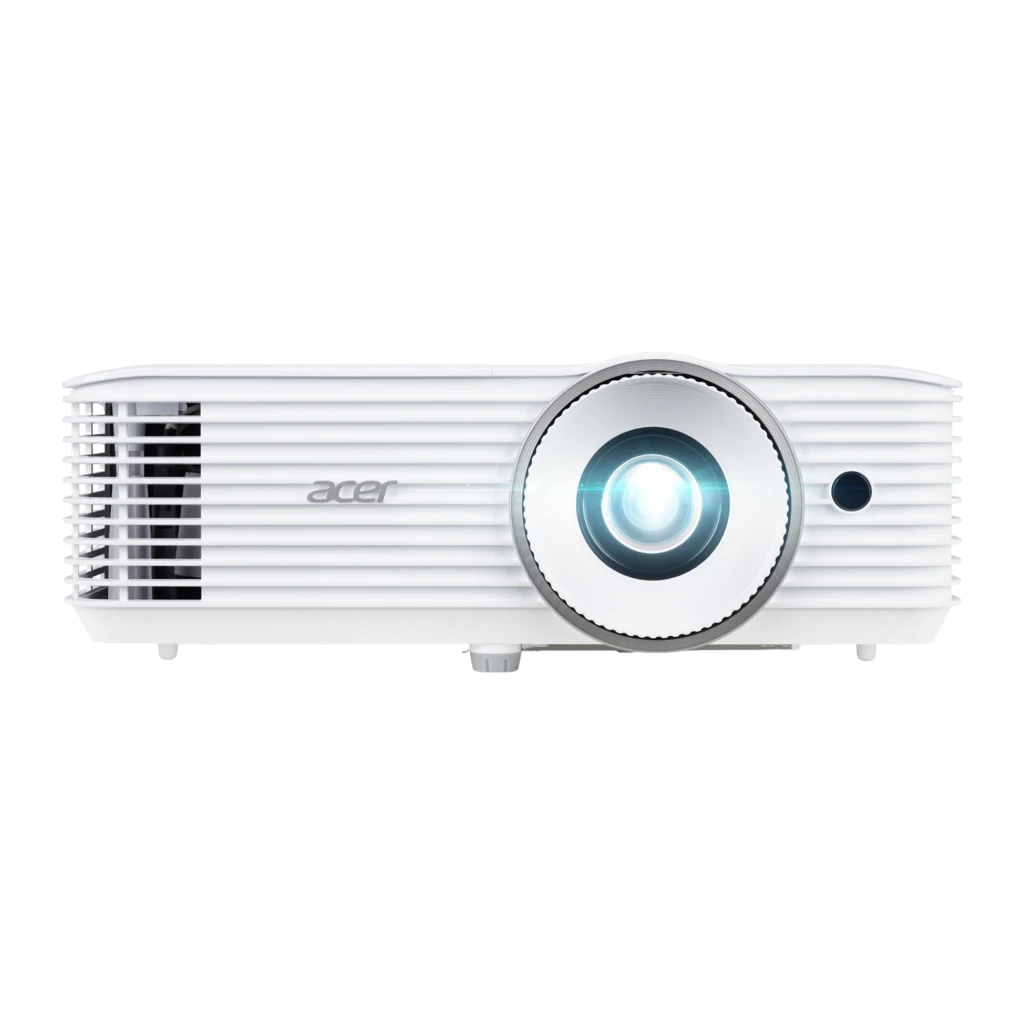 Acer Projecteur H6546Ki 5200lm Blanc, vue avant en angle: objectif à bague argentée, grilles latérales et panneau de boutons - Ítem1