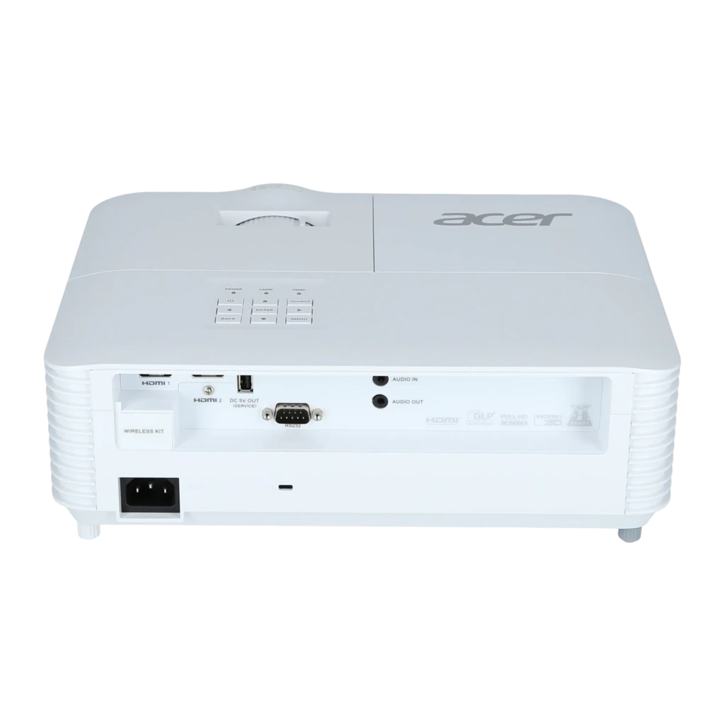 Acer Projecteur H6546Ki 5200lm Blanc, vue avant en angle: objectif à bague argentée, grilles latérales et panneau de boutons - Ítem4