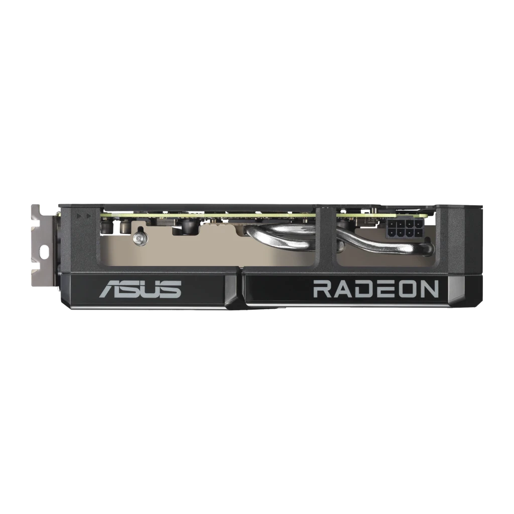 ASUS Dual Radeon RX 9060 XT 16GB Negro, producto y caja: tarjeta en ángulo frontal con dos ventiladores y packaging DUAL - Ítem4