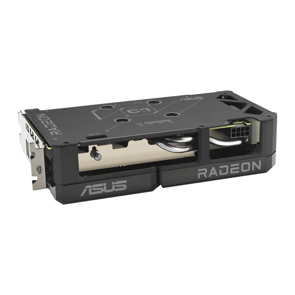 ASUS Dual Radeon RX 9060 XT 16GB Negro, producto y caja: tarjeta en ángulo frontal con dos ventiladores y packaging DUAL - Ítem5
