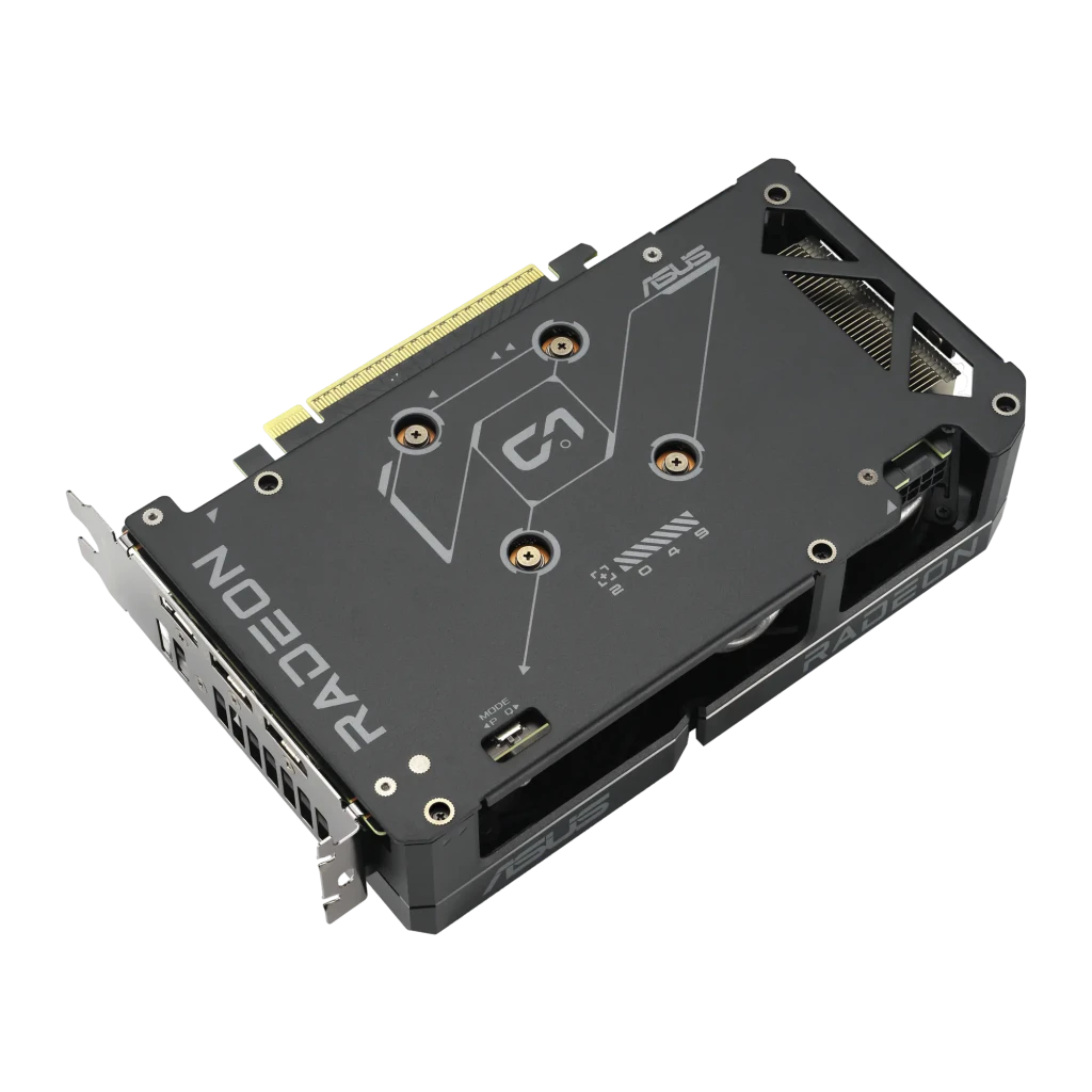 ASUS Dual Radeon RX 9060 XT 16GB Negro, producto y caja: tarjeta en ángulo frontal con dos ventiladores y packaging DUAL - Ítem6