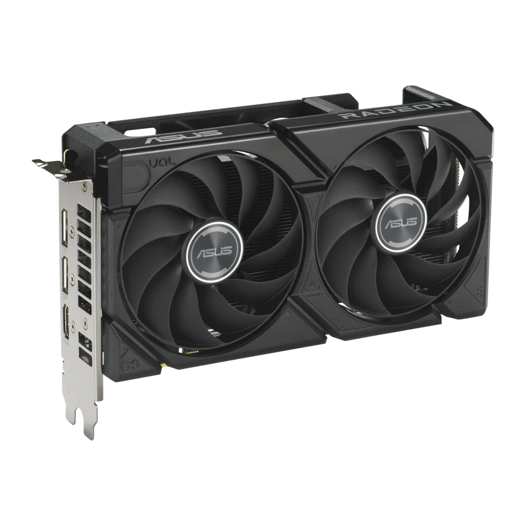 ASUS Dual Radeon RX 9060 XT 16GB Negro, producto y caja: tarjeta en ángulo frontal con dos ventiladores y packaging DUAL - Ítem1