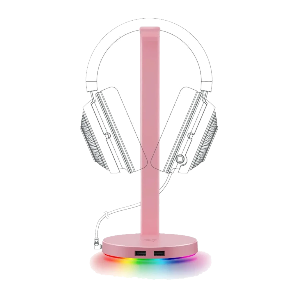 Razer Base Station V2 Chroma Rosa, vista em ângulo: suporte rosa com iluminação RGB Chroma na base e portas USB visíveis - Item1