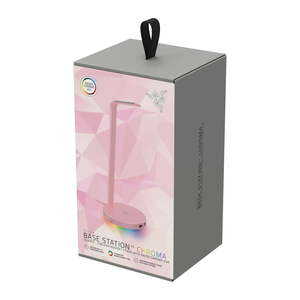 Razer Base Station V2 Chroma Rosa, vista em ângulo: suporte rosa com iluminação RGB Chroma na base e portas USB visíveis - Item4