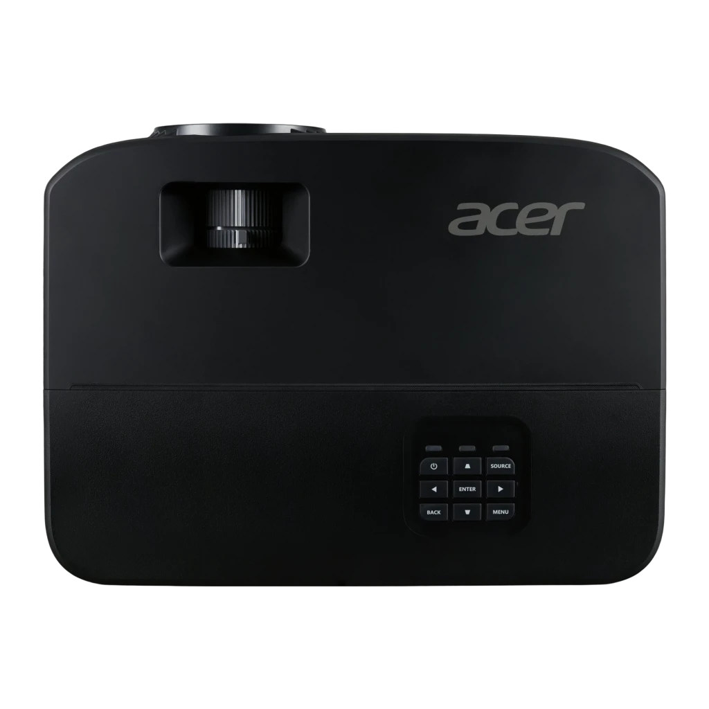 Acer Projetor X1229HP Preto, vista frontal em ângulo: lente iluminada, grades de ventilação e logo Acer - Item3