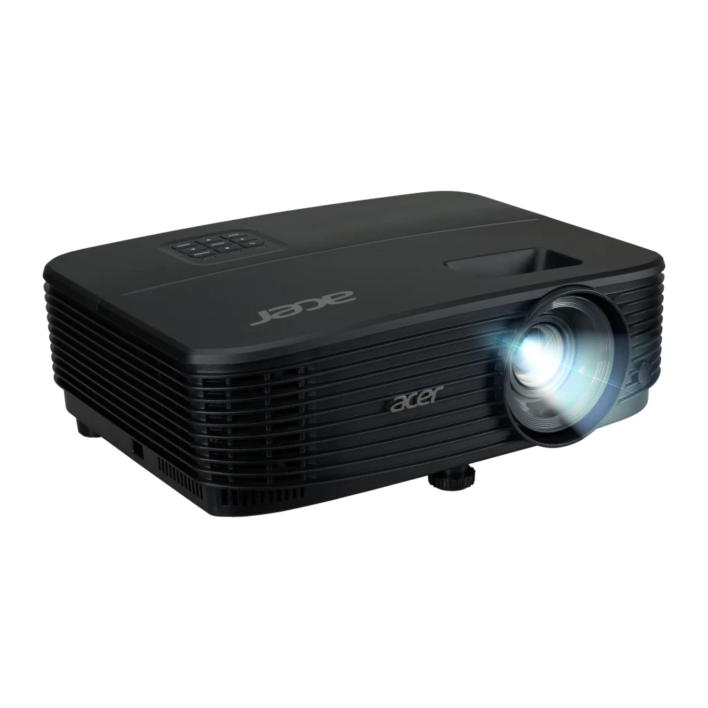 Acer Projetor X1229HP Preto, vista frontal em ângulo: lente iluminada, grades de ventilação e logo Acer - Item1
