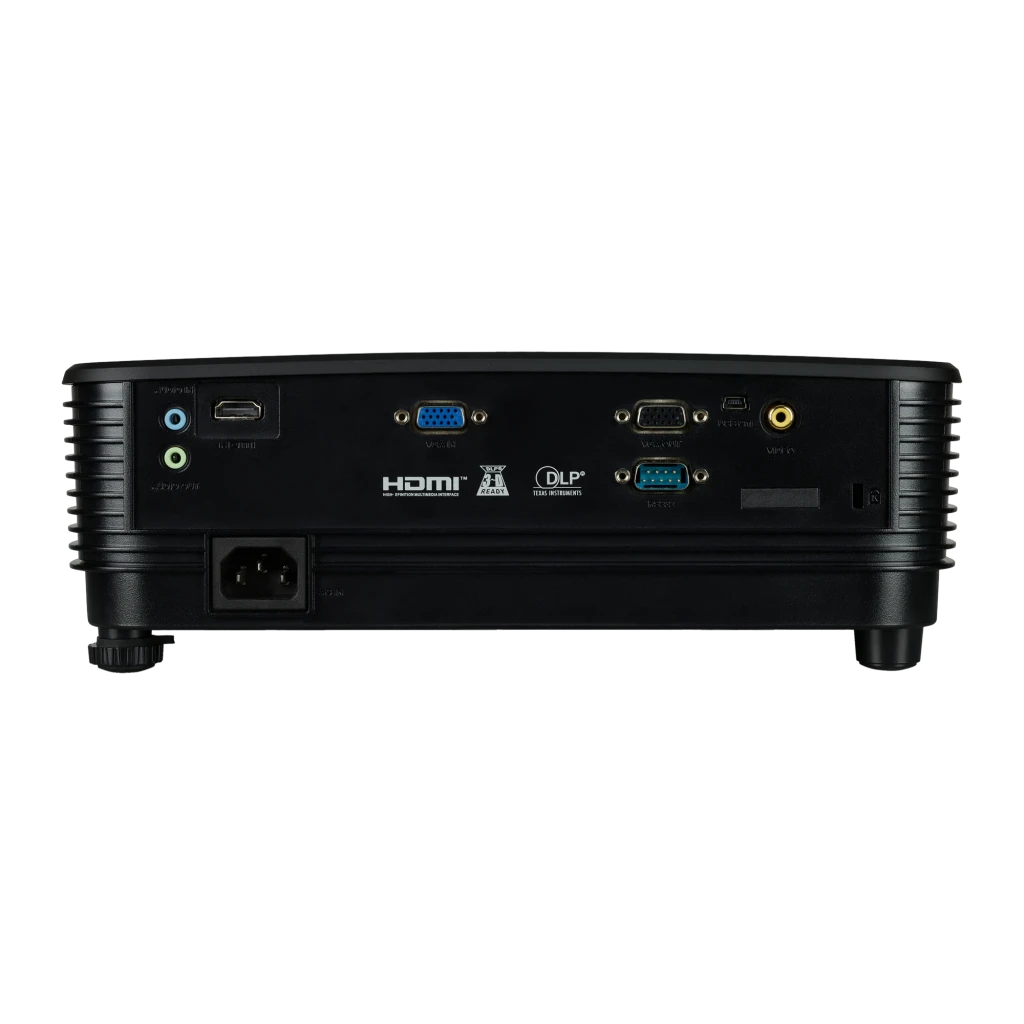 Acer Projetor X1229HP Preto, vista frontal em ângulo: lente iluminada, grades de ventilação e logo Acer - Item4